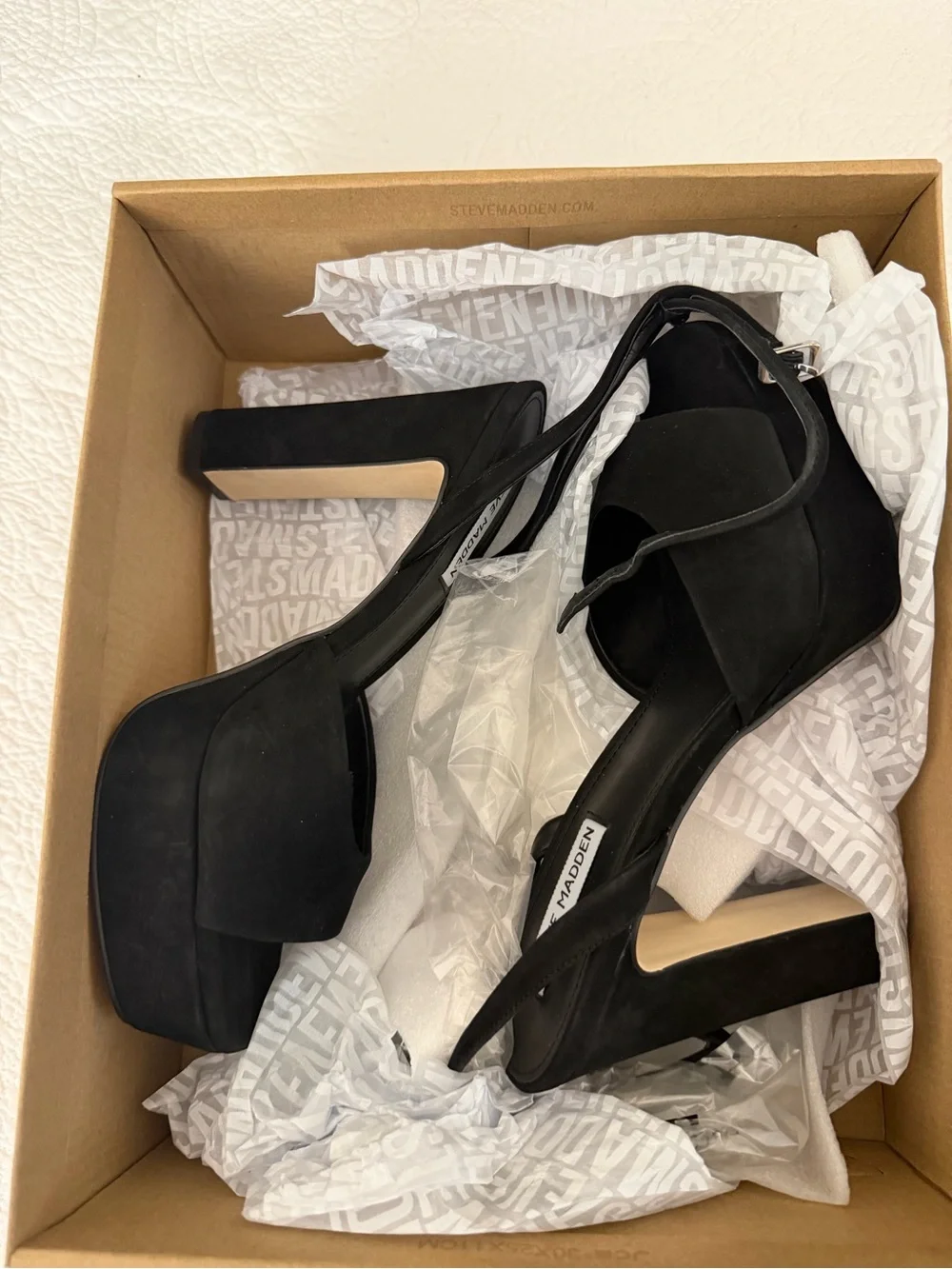 Steve Madden Black Suede Platform Ankle-Strap Heels